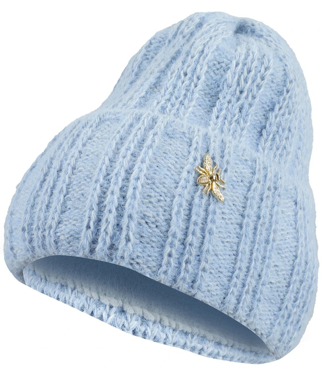 Warm women's beanie hat with fleece and a golden bee