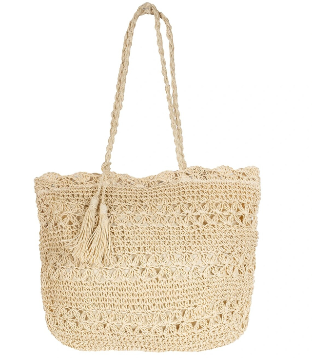 Large rectangular straw beach bag with openwork pattern