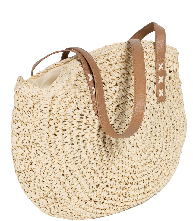 Large round woven straw beach bag 