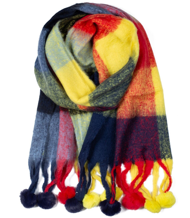Fluffy shawl scarf squares knit pompoms