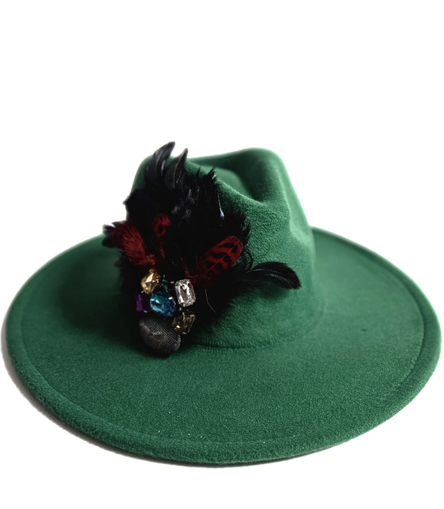 Elegant women's hat with large brooch with feathers and colored zircons