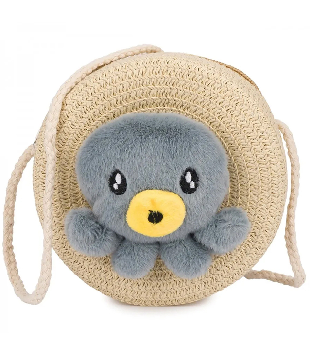 Children's Straw Bag with Plush Octopus 