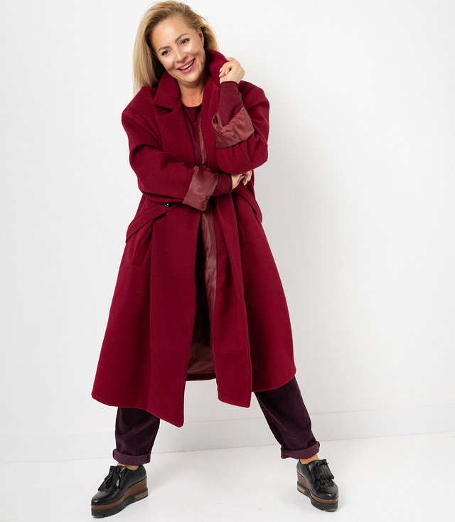 Women's long oversize coat with decorative belt KASIA