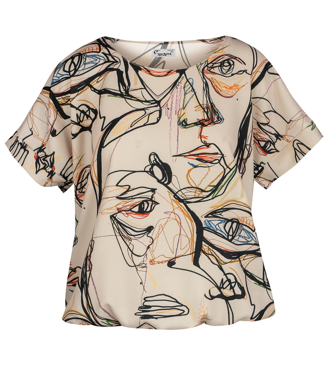 Elegant blouse with a round neckline and an elastic waistband with an EMI print