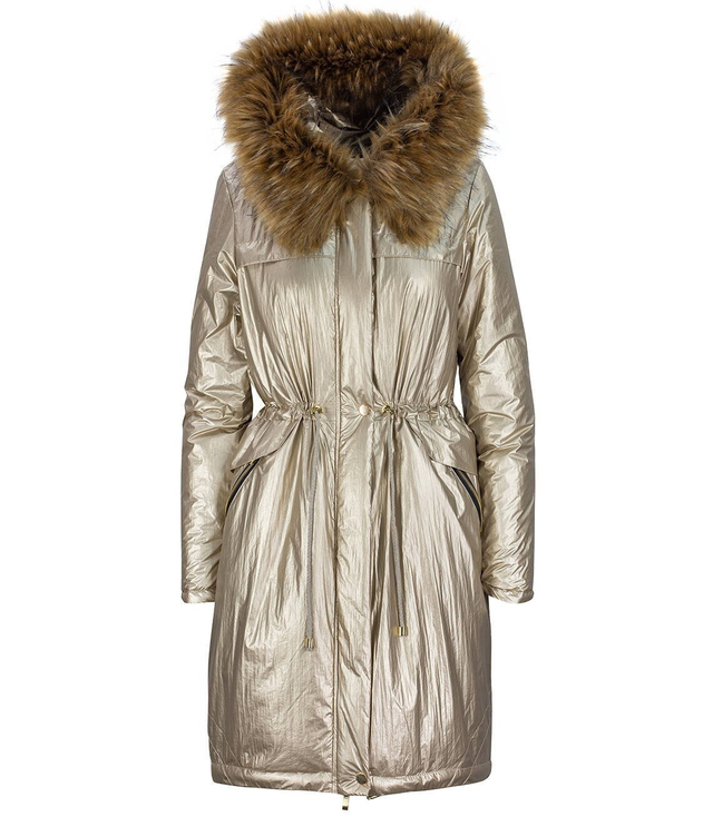 Metaliczny płaszcz zimowy parka futro ciepły