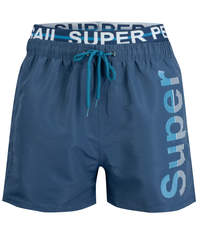 Swimming shorts with tape and the word SUPER