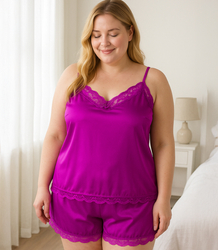 Satin pajama set with lace shorts top petticoat