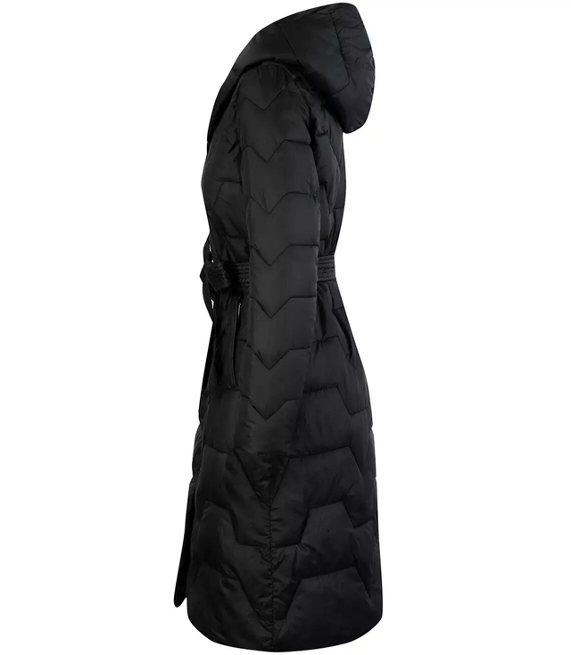 Long winter coat, jacket tied at the waist