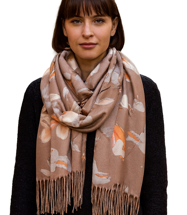 Women's scarf with a motif of small flowers tassels