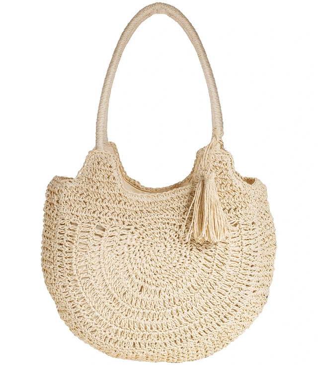 Large round straw beach bag, fully woven