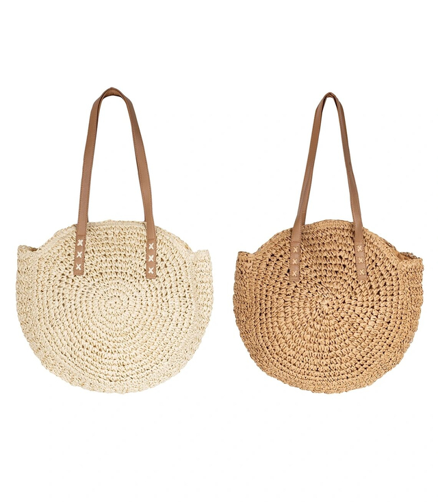 Large round woven straw beach bag 