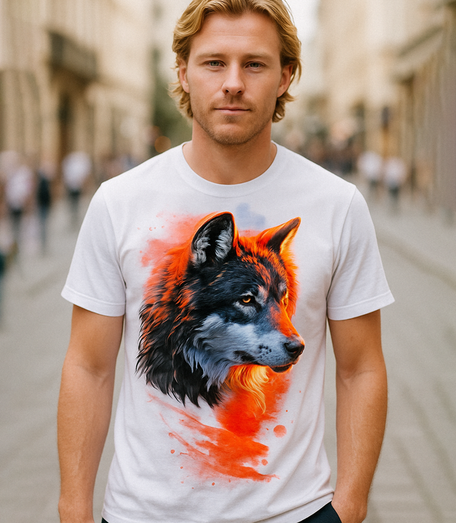 Koszulka męska t-shirt z dużym nadrukiem wilka bawełna