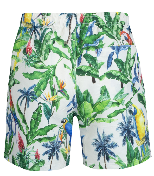 Swimming shorts with tropical print all over patterns