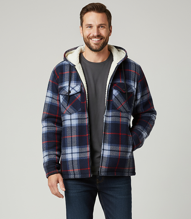 Warm fleece men's plaid shirt with hood insulated with faux fur