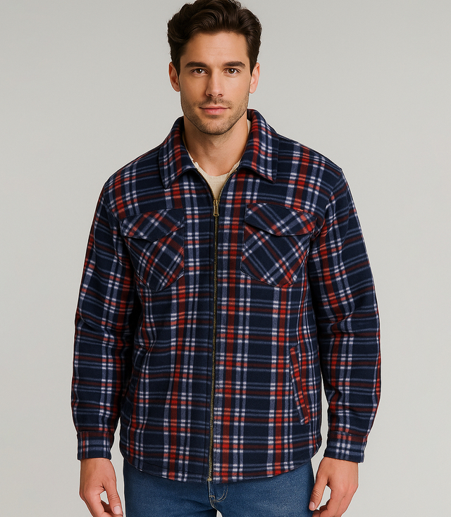 Warm fleece checked men's shirt insulated with faux fur