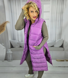 Women's long sleeveless quilted vest with hood TORI