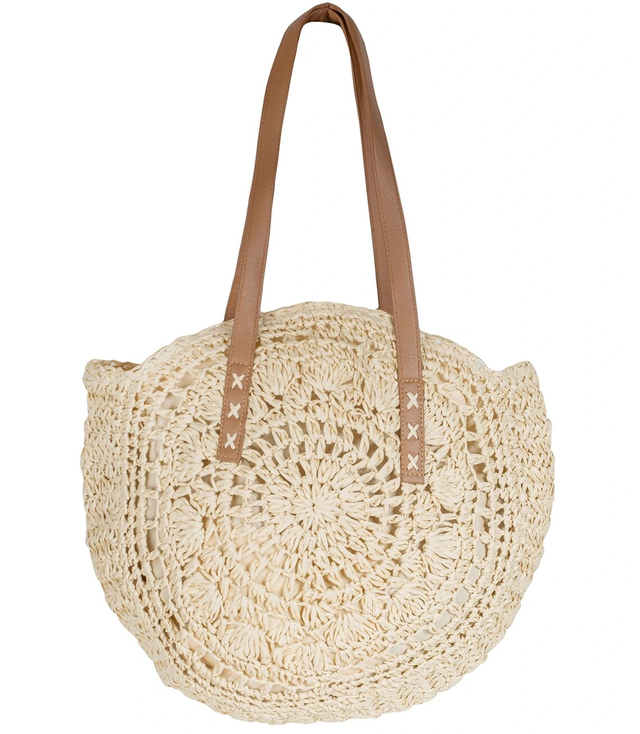 Large round straw beach bag, woven with an openwork pattern