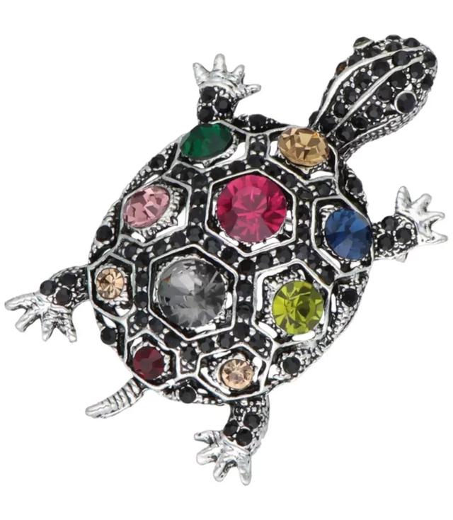Silver turtle brooch colored rhinestones Gift