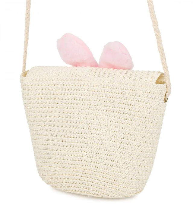 Children's straw bag with plush bunny 