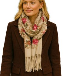 Women's folklore scarf with flower motif and tassels