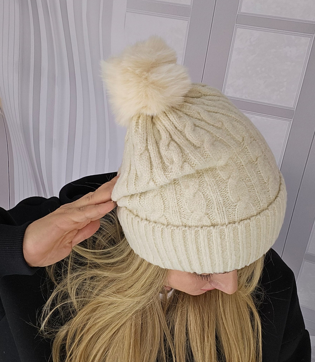 Warm women's cap with pom-pom autumn winter monochrome hat