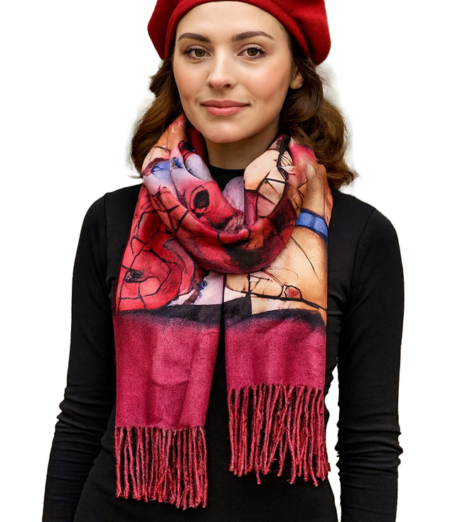 Women's scarf with abstract motif tassels