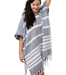 Sauna poncho z frędzlami w paski UNISEX bawełniane