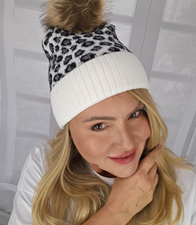 Warm women's cap with pompom autumn winter leopard spots