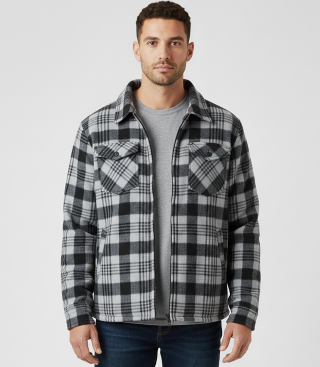 Warm fleece checked men's shirt insulated with faux fur