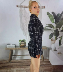 Women's double-breasted long tweed plaid jacket