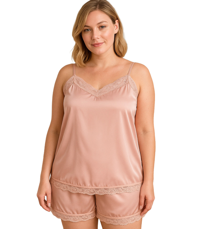 Satin pajama set with lace shorts top petticoat