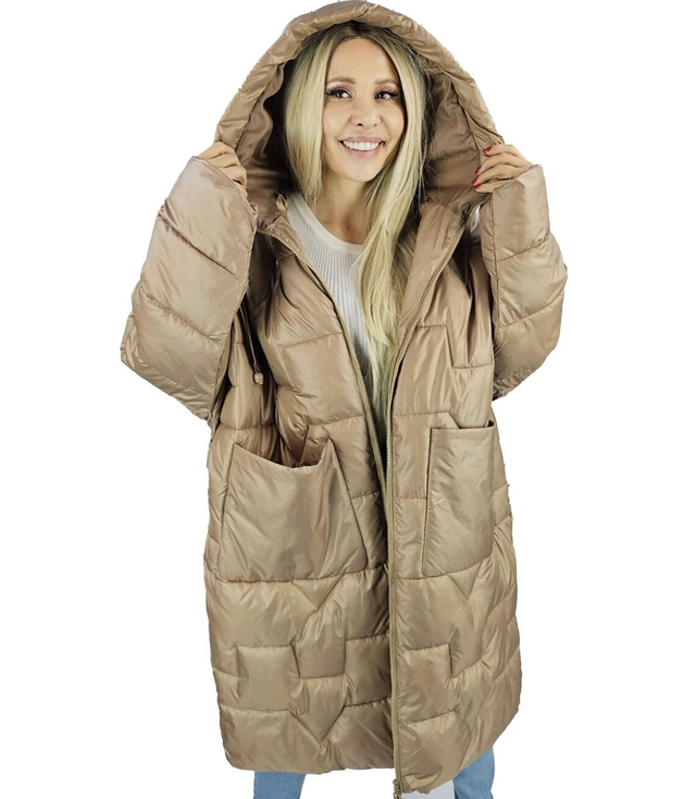 Długa kurtka damska ciepła z pikowaniem z kapturem ANABEL