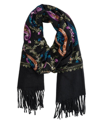 Women's scarf with embroidered pattern and tassels