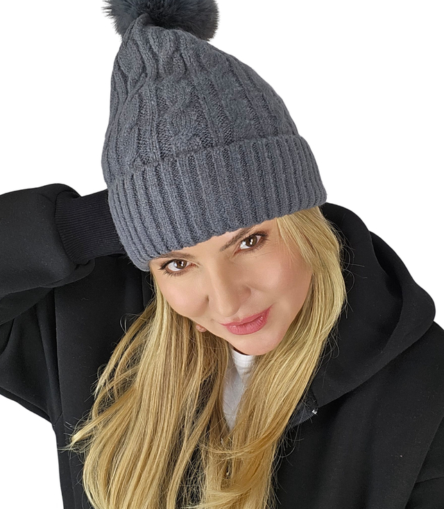 Warm women's cap with pom-pom autumn winter monochrome hat