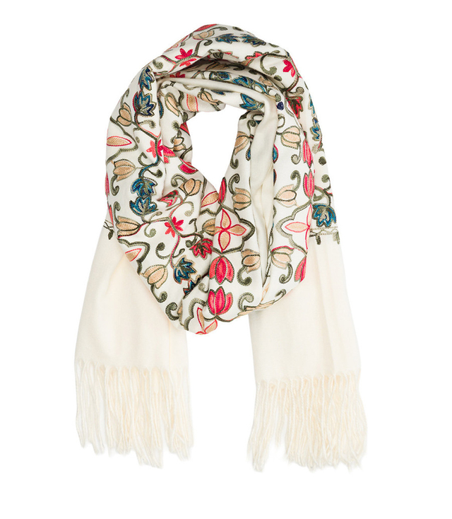 Women's scarf with embroidered pattern and tassels