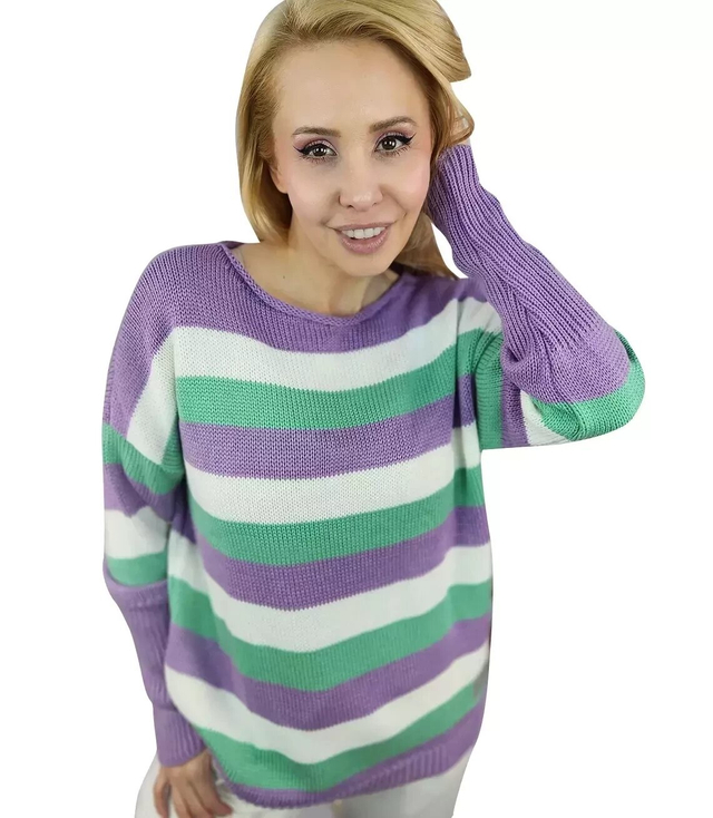 Sweter damski dzianina ciepły paski kolory