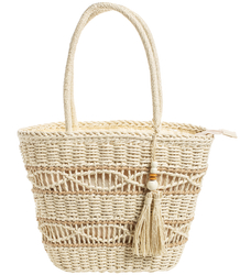 Medium basket, summer bag, stiff woven handbag with tassel