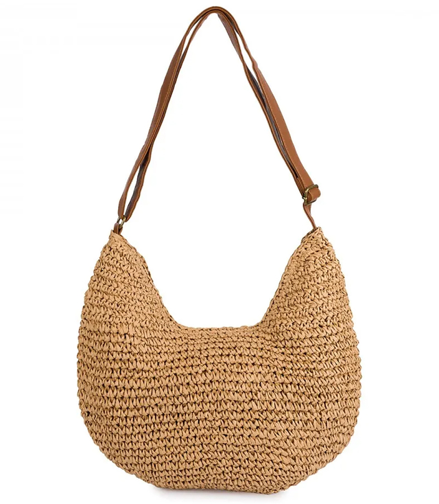 Semi-circular boho handbag with eco-leather strap and zipper closure
