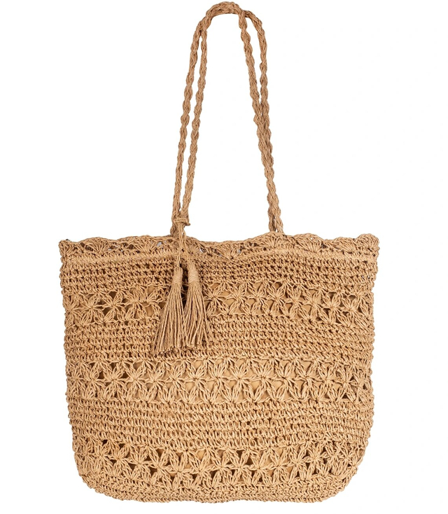 Large rectangular straw beach bag with openwork pattern