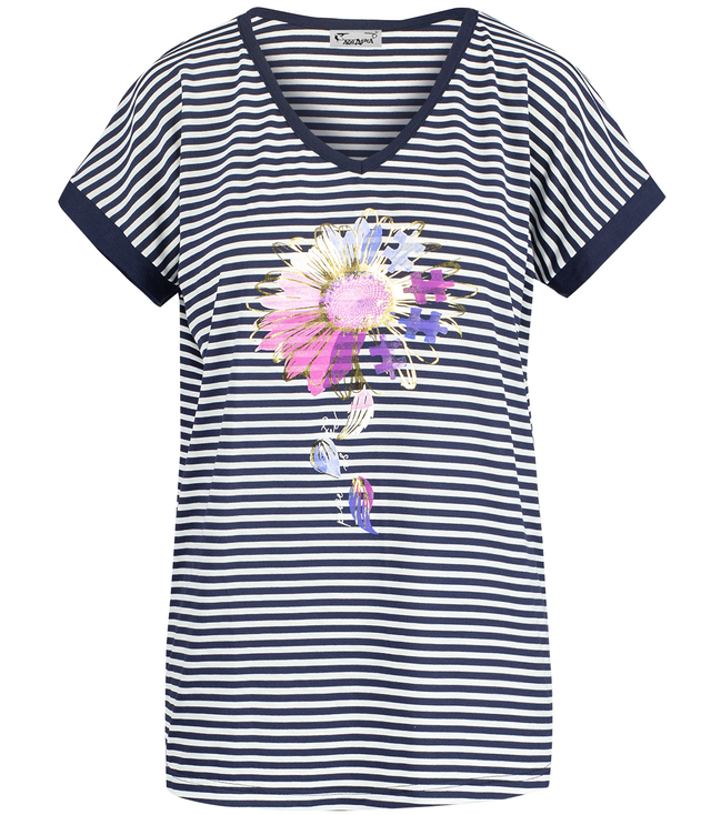 Striped short-sleeved T-shirt with a floral print ROSALIA