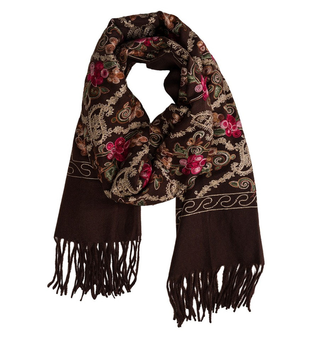 Women's folklore scarf with flower motif and tassels