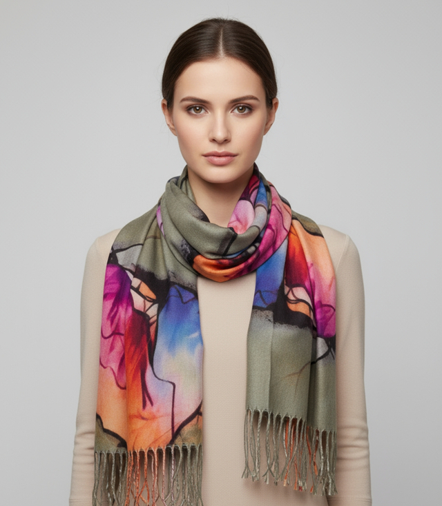 Abstract shawl scarf multicolored elegant with tassels