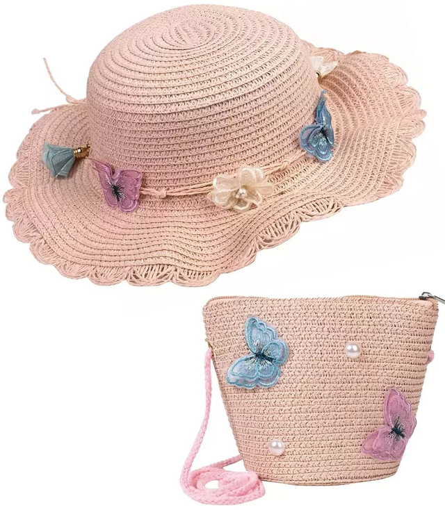 Uroczy komplet kapelusz motylki kwiatki + torebka
