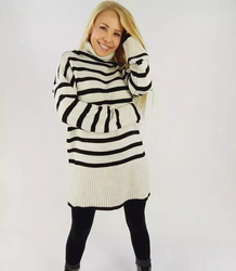 Oversize loose long turtleneck sweater with stripes