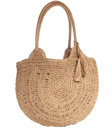 Large round straw beach bag, fully woven