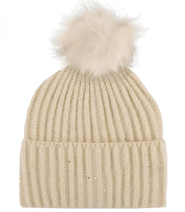 Warm women's cap with pom-pom and sequins autumn winter hat 