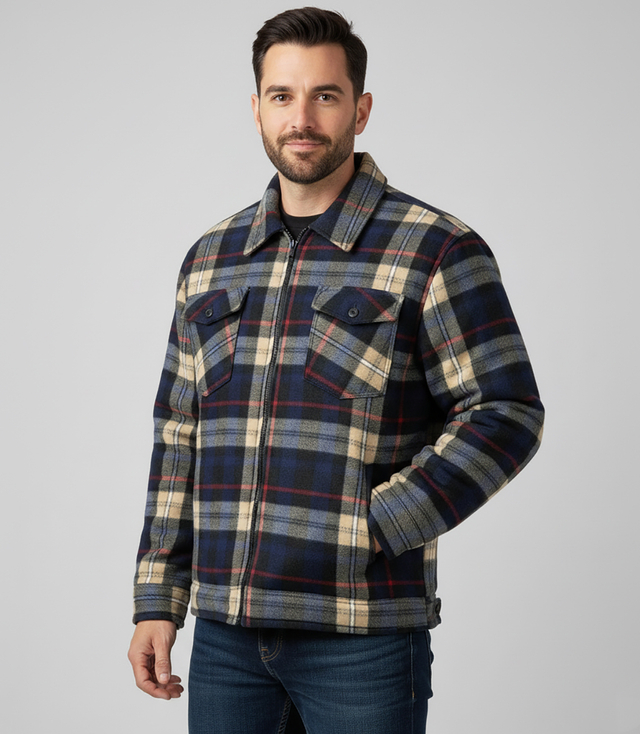 Warm fleece checked men's shirt insulated with faux fur