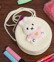 Children's straw bag with plush rabbit