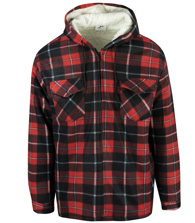 Warm fleece men's plaid shirt with hood insulated with faux fur
