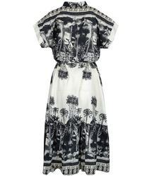 Midi safari print summer dress with a stand-up collar and a NEL belt